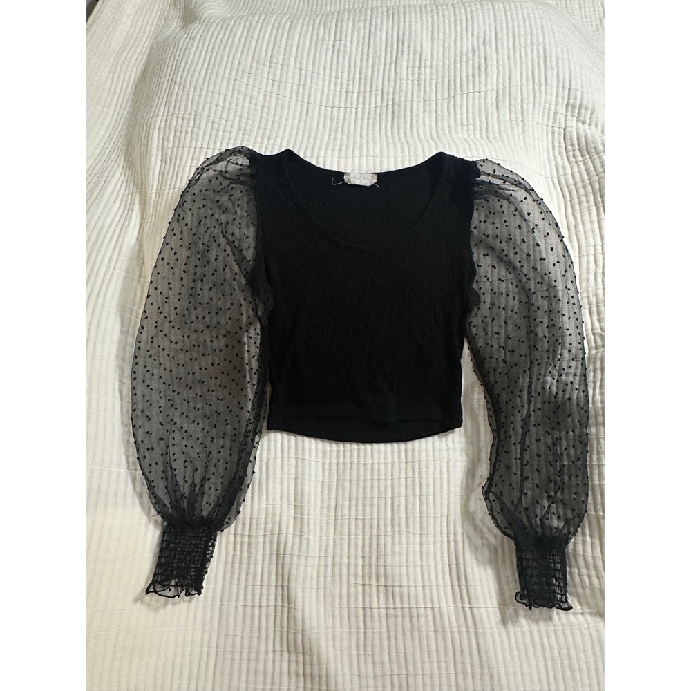 Altar'd State Black Ribbed Swiss Dot Sheer Puff Sleeve Crop Top Small